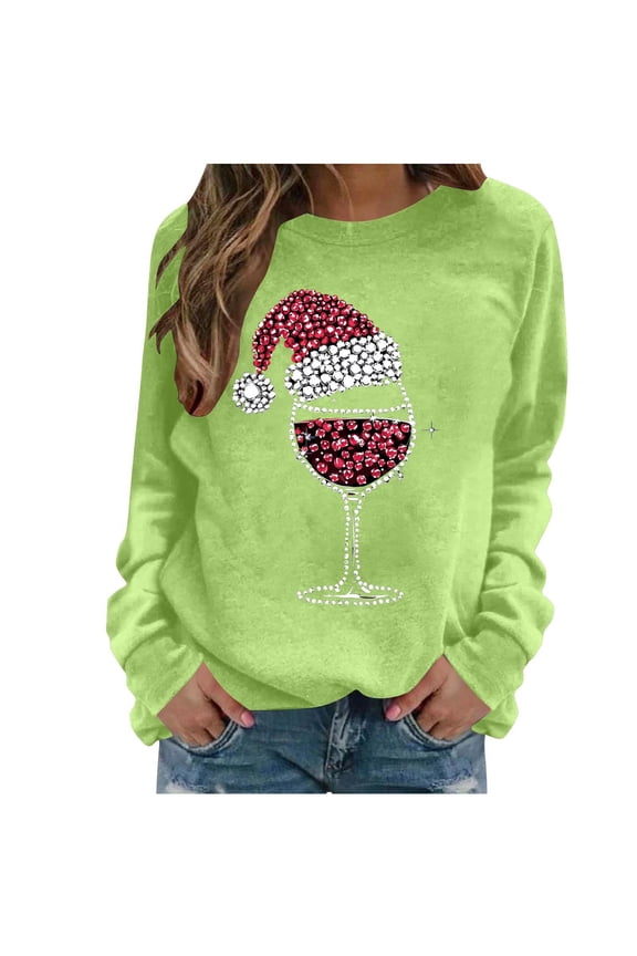 Women's Christmas Sweatshirt Vintage Wine Glass Casual Long Sleeve Crewneck Loose Pullover Tops Holiday Graphic Shirts Ugly Christmas Sweater