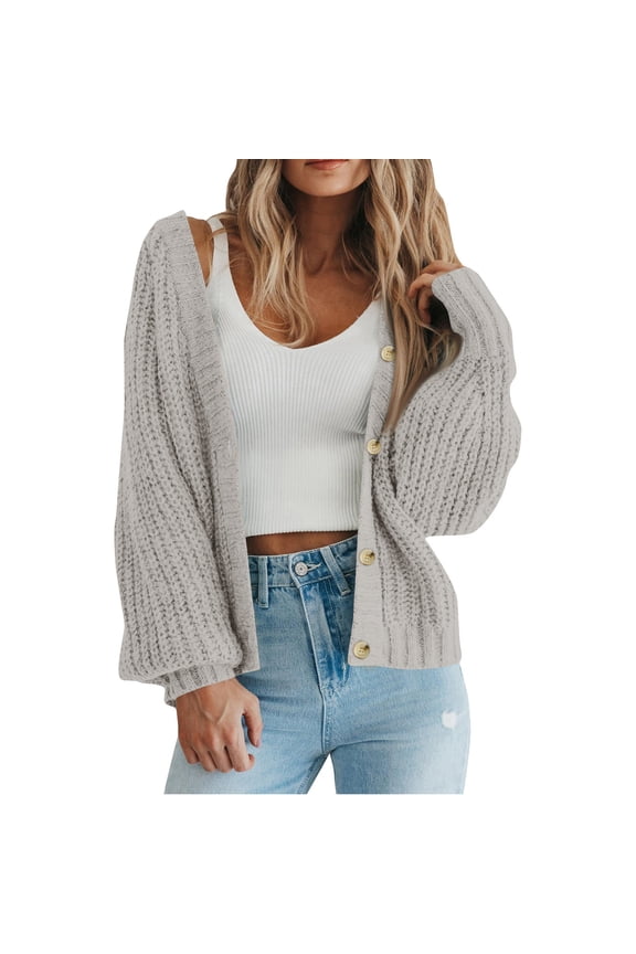 Women's Chunky Knit Sweater Open Front Cropped Cardigan Sweaters Puff Long Sleeve Button Loose Cardigan Outerwear Coats
