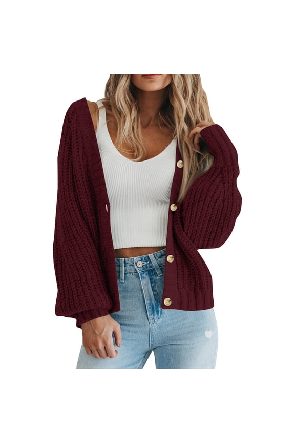 Women's Chunky Knit Sweater Open Front Cropped Cardigan Sweaters Puff Long Sleeve Button Loose Cardigan Outerwear Coats