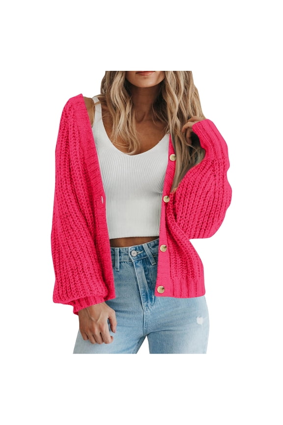 Women's Chunky Knit Sweater Open Front Cropped Cardigan Sweaters Puff Long Sleeve Button Loose Cardigan Outerwear Coats