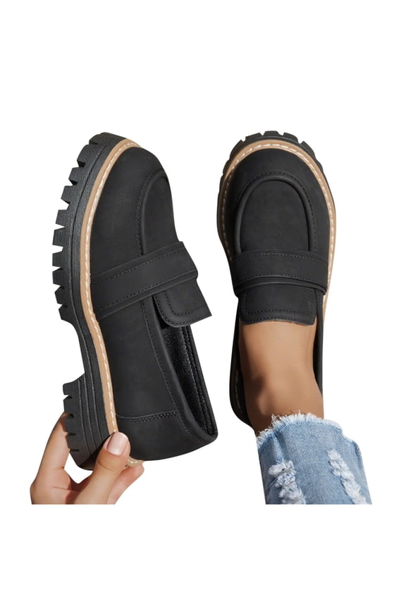 Women's Chunky Sole Flats Faux Suede Round Toe Low Heel Slip-On Casual Platform Shoes with Metal Buckle