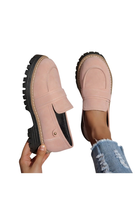 Women's Chunky Sole Flats Faux Suede Round Toe Low Heel Slip-On Casual Platform Shoes with Metal Buckle