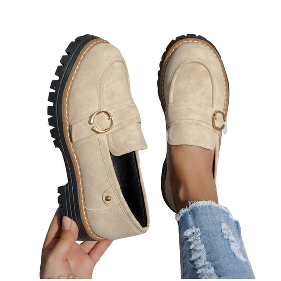 purcolt Women's Chunky Sole Flats Faux Suede Round Toe Low Heel Slip-On Casual Platform Shoes with Metal Buckle