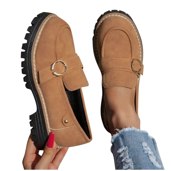 purcolt Women's Chunky Sole Flats Faux Suede Round Toe Low Heel Slip-On Casual Platform Shoes with Metal Buckle