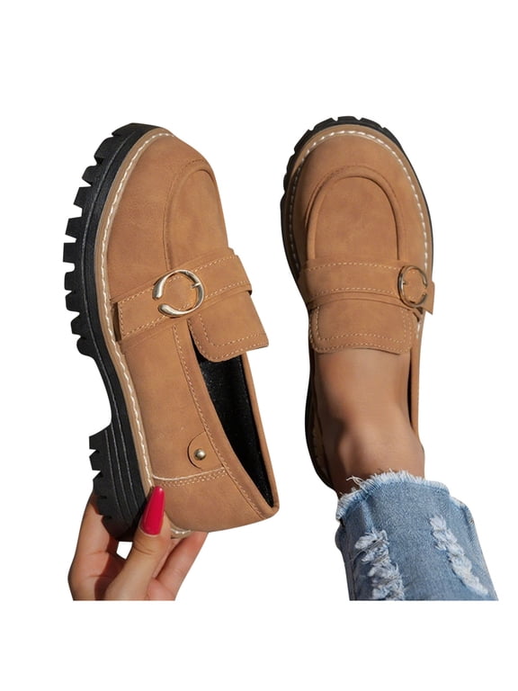 Women's Chunky Sole Flats Faux Suede Round Toe Low Heel Slip-On Casual Platform Shoes with Metal Buckle