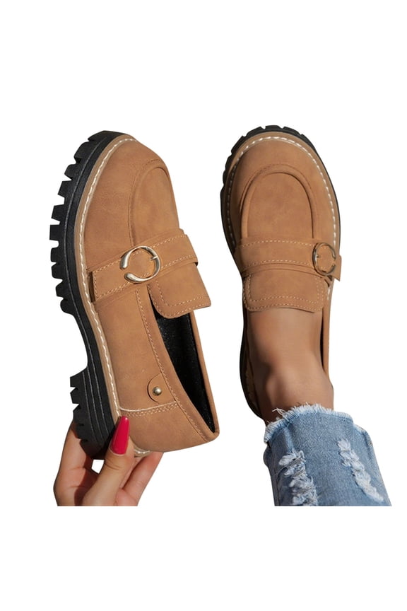 Women's Chunky Sole Flats Faux Suede Round Toe Low Heel Slip-On Casual Platform Shoes with Metal Buckle