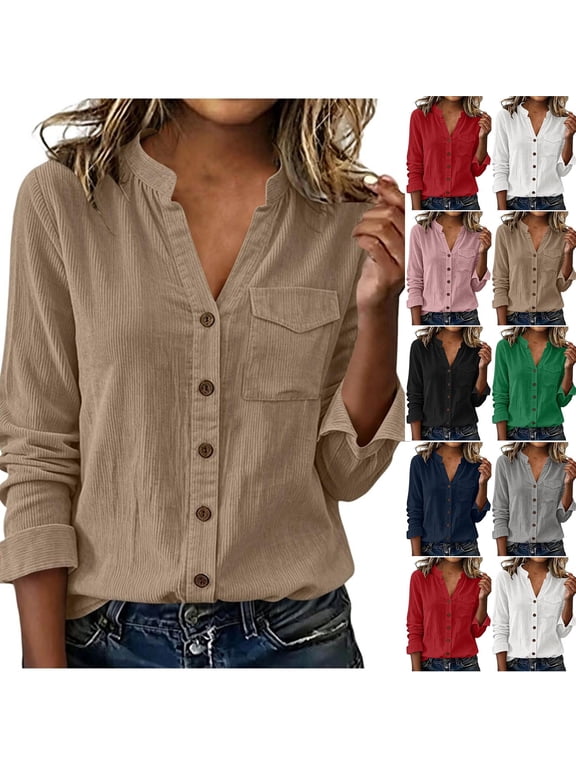 Women's Corduroy Dressy Shirts Button Down Long Sleeve V-Neck Shirts Work Office Business Casual Soft Blouse with Pocket