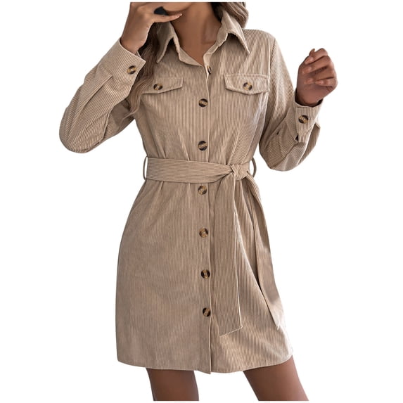 Purcolt Women's Corduroy Mini Dress Fall Winter Dressy Casual Long Sleeve Button Down Belted Shirt Dress with Pockets