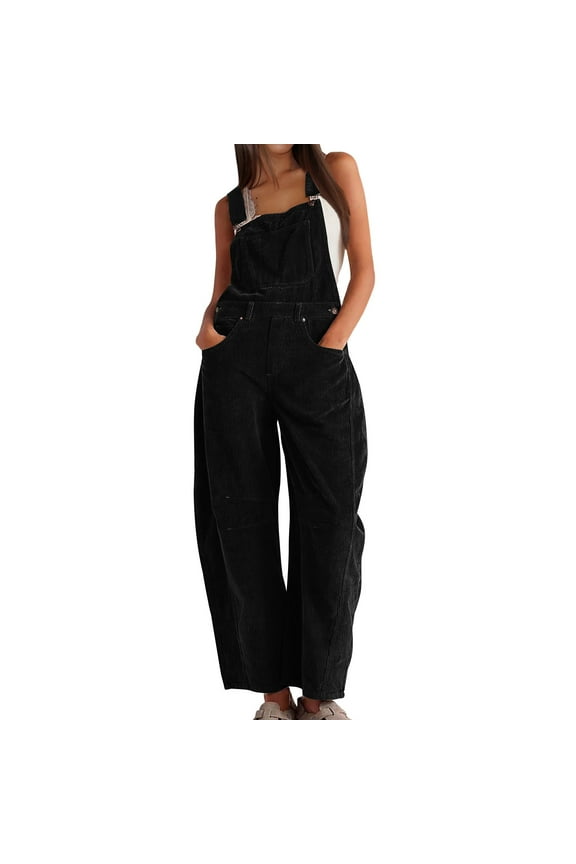 Women's Corduroy Overalls Barrel Wide Leg Bib Corduroy Pants Women Adjustable Romper Jumpsuit with Pockets