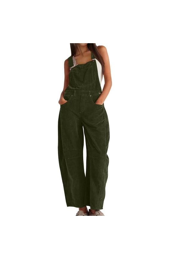 Women's Corduroy Overalls Barrel Wide Leg Bib Corduroy Pants Women Adjustable Romper Jumpsuit with Pockets
