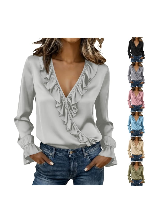 Women's Dressy Shirts Ruffle V Neck Flounce Long Sleeve Shirts Work Office Business Casual Blouse Tops
