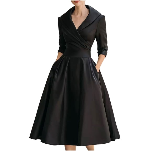 purcolt Women's Elagant Cocktail Dresses Front Pleated A Line Semi Formal Dress Long Sleeve Lapel Collar Midi Dress Modest Dress