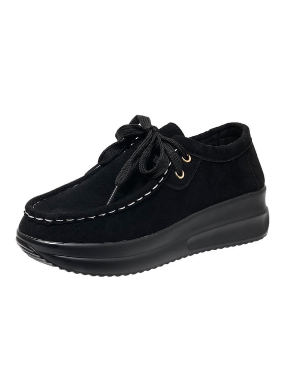 Women's Faux Suede Flats Round Toe Wedge Moccasin Shoes Slip-On Platform Flats with Detail