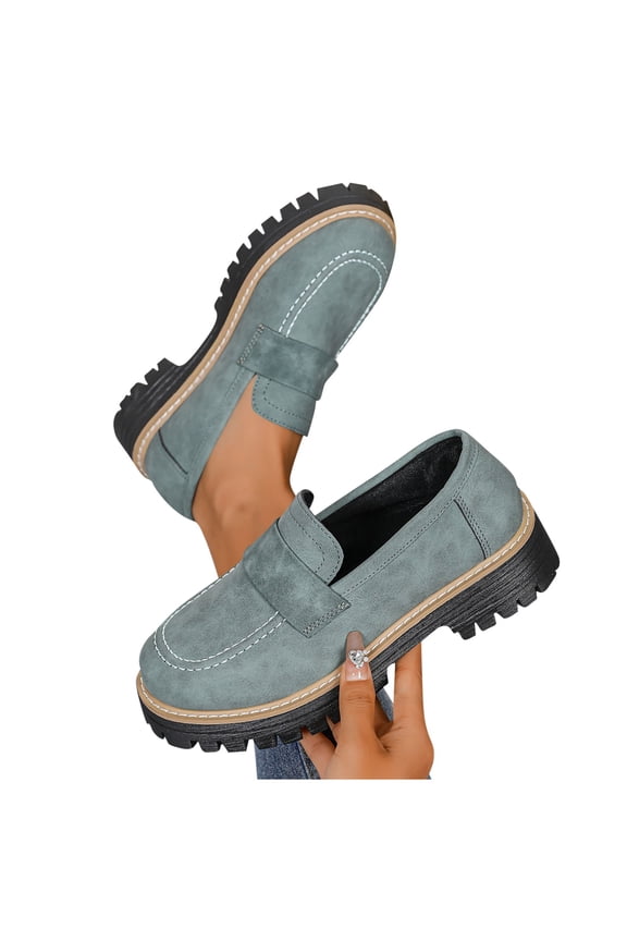 Women's Faux Suede Flats Shoes Chunky Sole Low Heel Slip-On Platform Shoes with Contrast Stitching