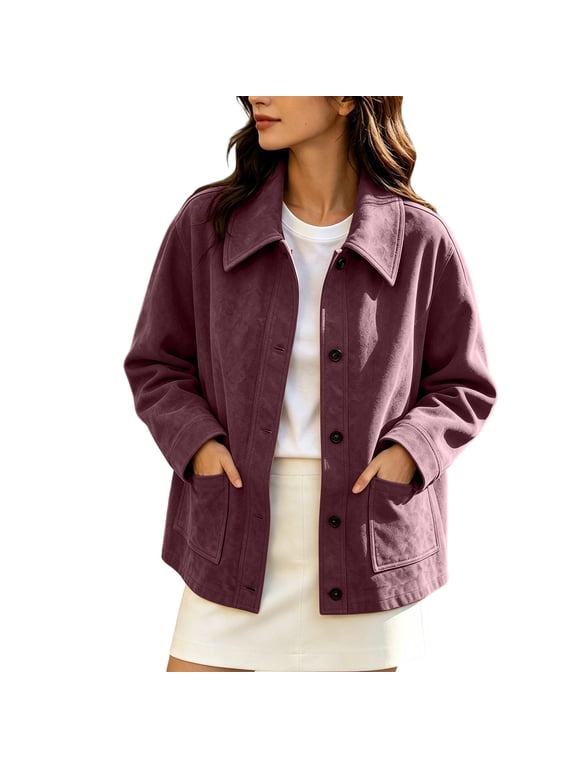 Women's Faux Suede Leather Jacket Casual Button Down Collared Shacket Work Fall Boyfriend Vintage Streetwear Coat with Pockets