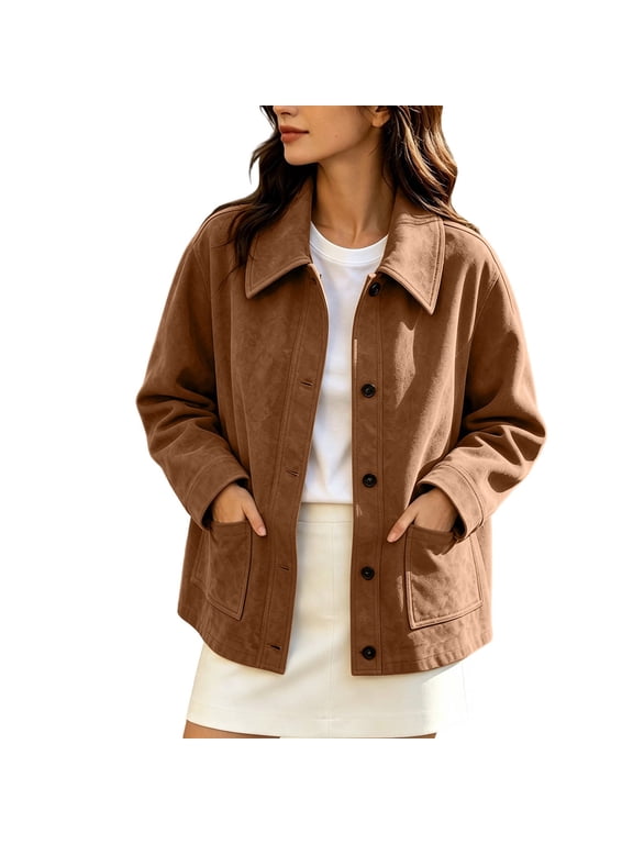 Women's Faux Suede Leather Jacket Casual Button Down Collared Shacket Work Fall Boyfriend Vintage Streetwear Coat with Pockets