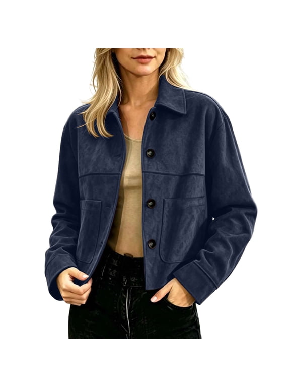 Women's Faux Suede Shacket Jackets Button Down Collared Cropped Coats Casual Lightweight Oversized Fall Outerwear with Pockets