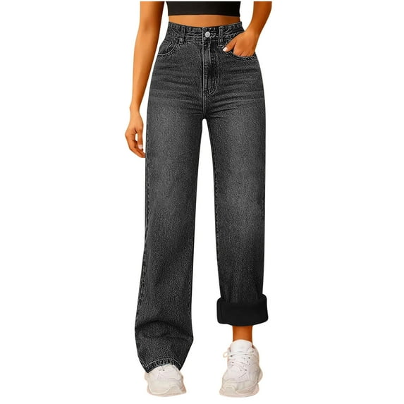 purcolt Women's Fleece Lined Jeans High Waisted Straight Wide Leg Baggy Denim Pants Casual Lightweight Vintage Warm Winter Pants with Pockets