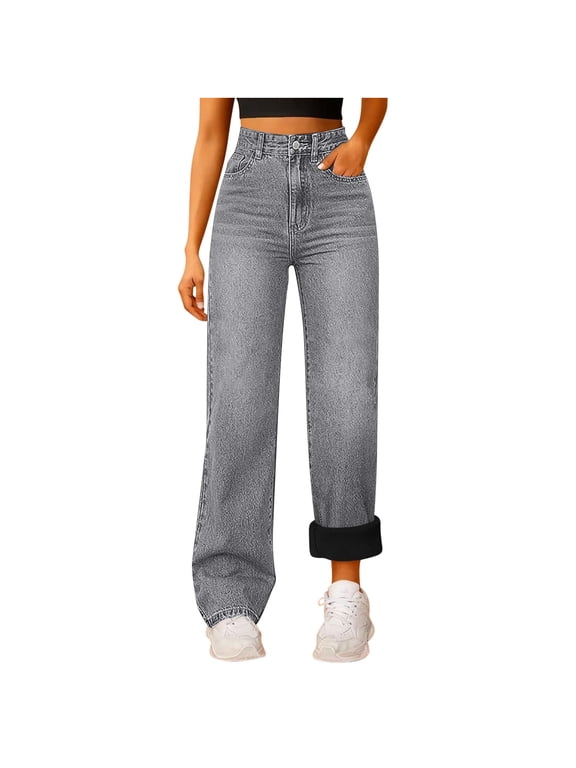 Women's Fleece Lined Jeans High Waisted Straight Wide Leg Baggy Denim Pants Casual Lightweight Vintage Warm Winter Pants with Pockets