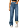 thumbnail image 1 of purcolt Women's Fleece Lined Jeans High Waisted Straight Wide Leg Baggy Denim Pants Casual Lightweight Vintage Warm Winter Pants with Pockets, 1 of 7