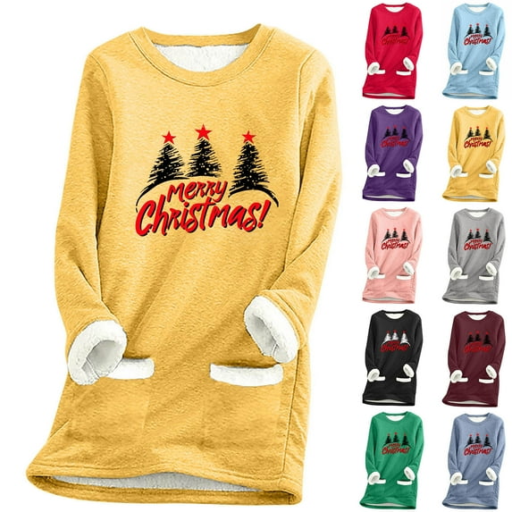 purcolt Women's Fleece Lined Thermal Pullover Tops Merry Christmas Letters Printed Winter Warm Casual Long Sleeve Oversized Sweatshirts with Pockets