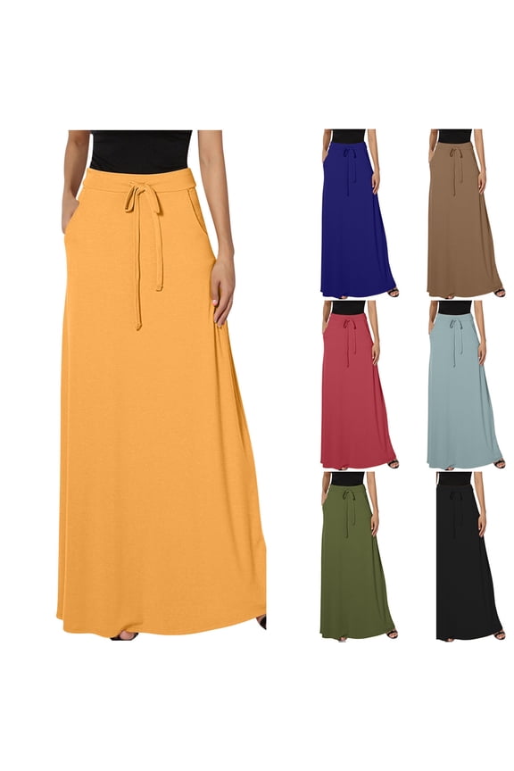 Women's Flowy Maxi Skirt Drawstring High Waisted A-Line Fall Casual Long Skirts with Pockets (Available in Plus Size)