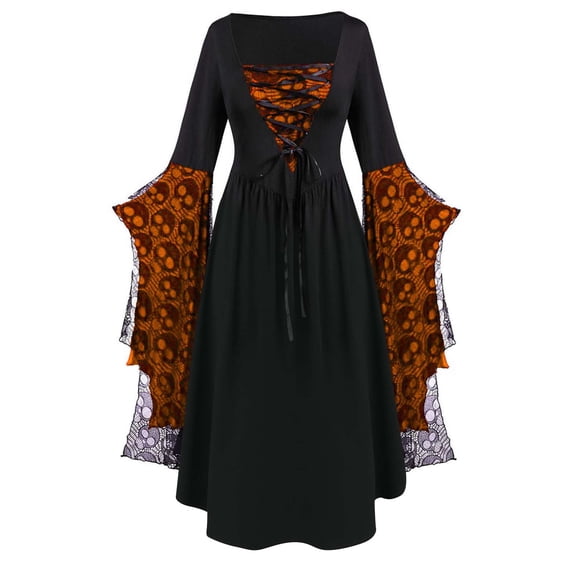 purcolt Women's Halloween Costumes Vintage Gothic Lace Dresses Long Flare Sleeve Coset Top A Line Square Neck Medieval Renaissance Dress