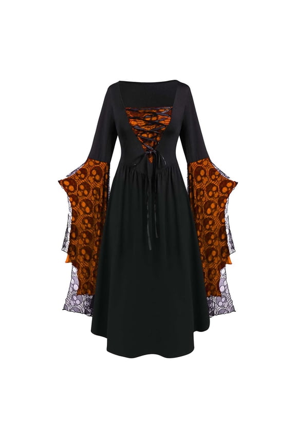 Women's Halloween Costumes Vintage Gothic Lace Dresses Long Flare Sleeve Coset Top A Line Square Neck Medieval Renaissance Dress
