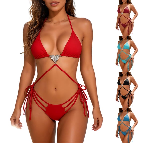 purcolt Women's Halter Two Piece Swimsuit Rhinestone Heart Cross Strappy Tie Side Bikini Set Swimwear