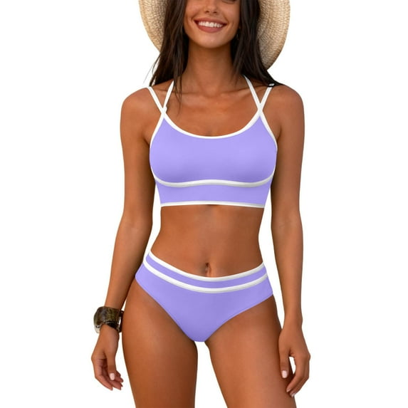 purcolt Women's High Waisted Bikini Sets Color Block Double-Strap Sporty Two Piece Swimsuit Beach Cheeky Bathing Suit