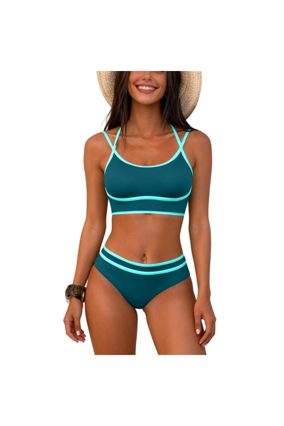 Women's High Waisted Bikini Sets Color Block Double-Strap Sporty Two Piece Swimsuit Beach Cheeky Bathing Suit