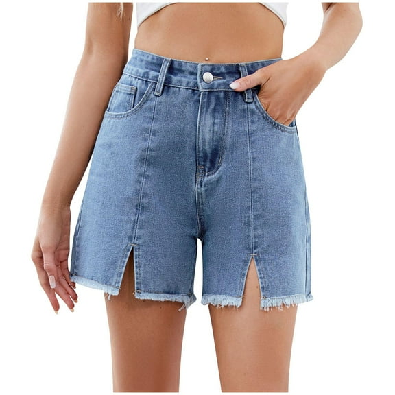 purcolt Women's High Waisted Jean Shorts Straight Leg Frayed Split Denim Shorts Summer Casual Stretchy Jorts with Pockets