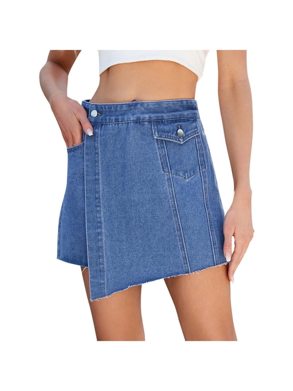 Women's High Waisted Wrap Denim Shorts Casual Cargo Jeans Shorts Asymmetrical Hem Mini Skirt Skorts with Pockets