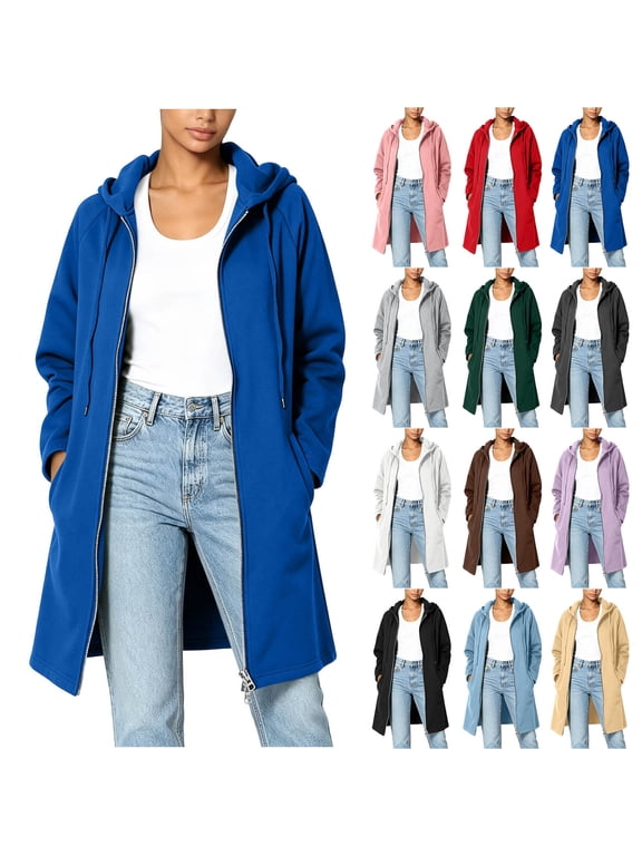 Women's Hooded Jackets Zip Up Long Sleeve Drawstring Knee Length Hoodies Casual Oversized Fleece Long Tunic Sweatshirts Jackets with Pockets