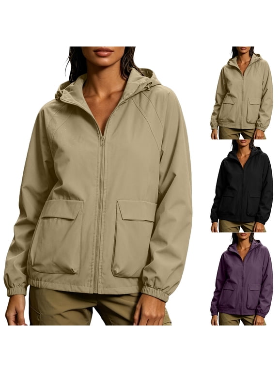 Women's Hooded Wind Jackets Full Zip Lonng Sleeve Waterproof Jacakets Casual Loose Oversized Lightweight Outdoor Coat with Pockets Elastic Cuffs