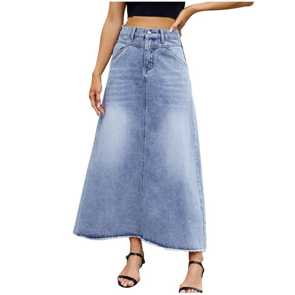 purcolt Women's Jean Skirts Trendy A Line Long Maxi Length Frayed Hem High Elastic Waist Stretchy Denim Skirt with Pockets