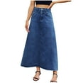 thumbnail image 1 of purcolt Women's Jean Skirts Trendy A Line Long Maxi Length Frayed Hem High Elastic Waist Stretchy Denim Skirt with Pockets, 1 of 8
