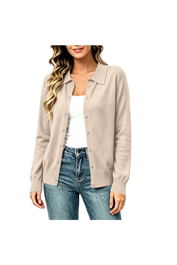 Women's Knit Cardigan Button Down Long Sleeve Collared Ribbed Cuff Hem Jackets Casual Lightweight Soft Sweater Jacket
