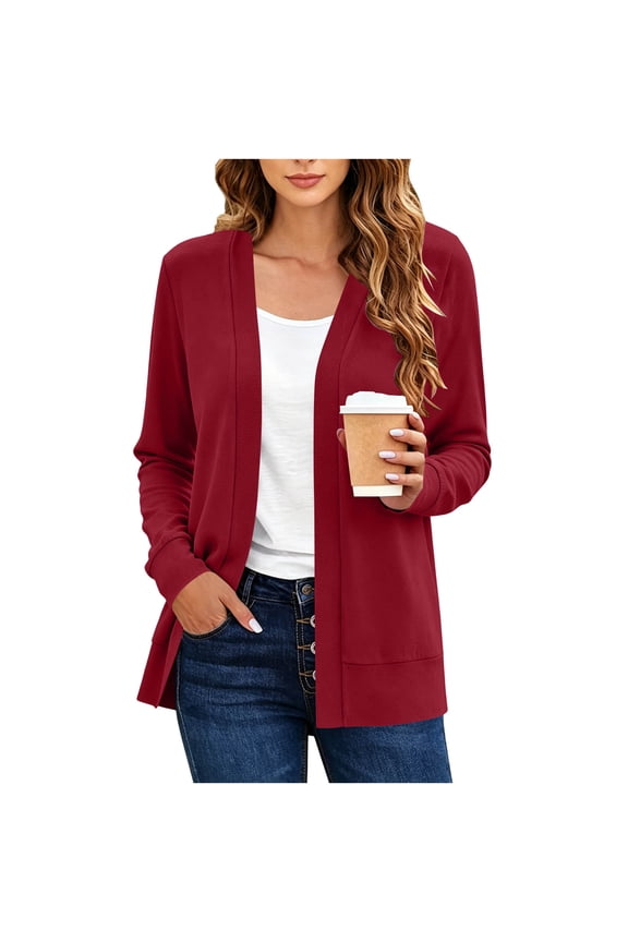 Women's Knit Cardigan Open Front Long Sleeve V-Neck Ribbed Cuff Mid Length Jackets Casual Soft Comfy Jacket