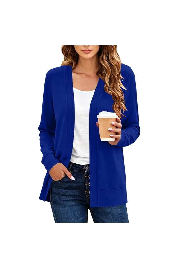 Women's Knit Cardigan Open Front Long Sleeve V-Neck Ribbed Cuff Mid Length Jackets Casual Soft Comfy Jacket