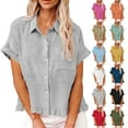 thumbnail image 1 of purcolt Women's Linen Button Down Shirt Short Sleeve Collared Ruffled Hem Crop Tops Dressy Casual Blouses with Pockets, 1 of 9