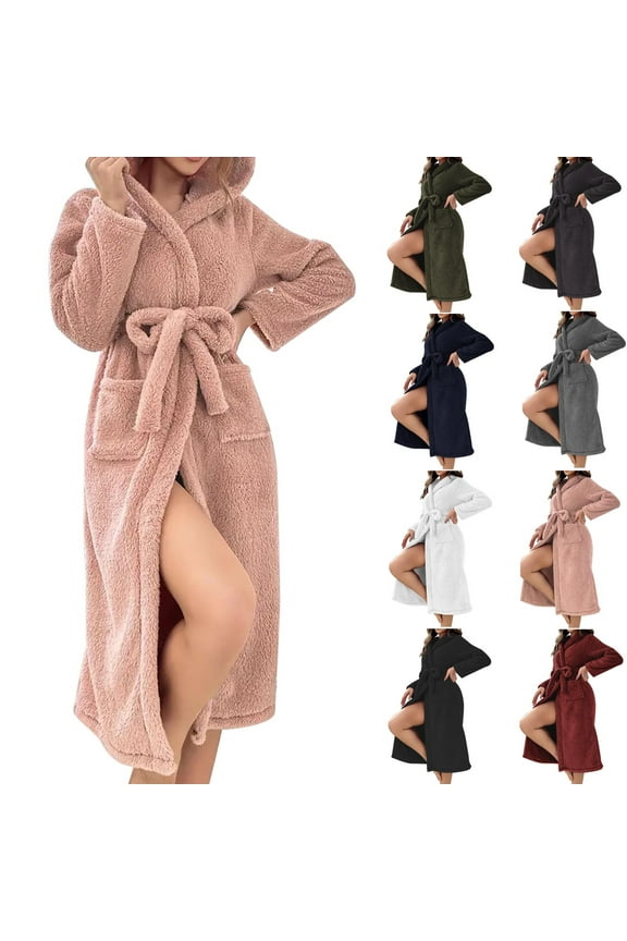 Women's Long Fleece Robes with Hood Soft Plush Bathrobe Winter Warm Flannel Nightgowns Long House Coat Luxury Dressing Gown with Pockets