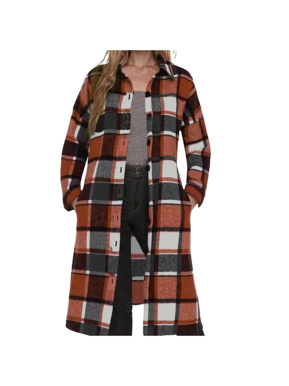 Women's Long Plaid Flannel Shackets Long Sleeve Button Down Long Shirts Jacket Fall Boyfriend Oversized Coats