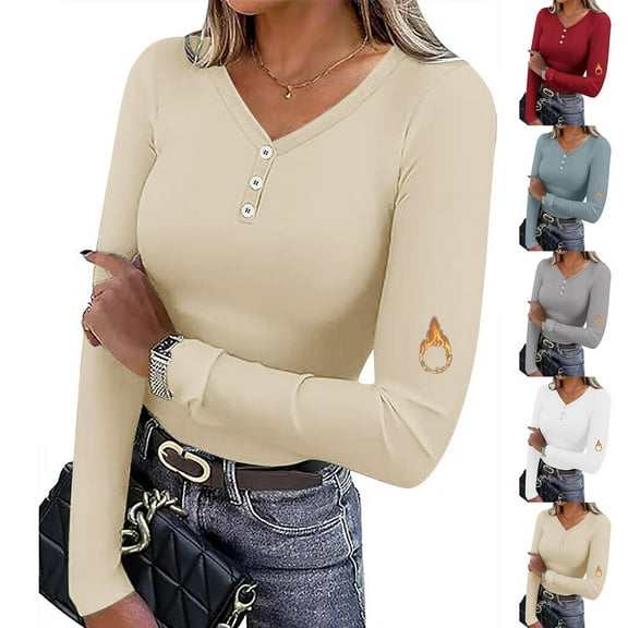 Purcolt Women's Long Sleeve Shirts Soft Stretch Slim Fit Undershirts Quarter Button V-Neck Basic Tees Going Out Tops