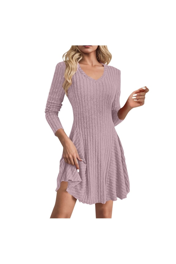 Women's Long Sleeve Sweater Dresses V Neck A-Line Flowy Casual Tunic Mini Dress Comfy Knit Spring Fall Dresses