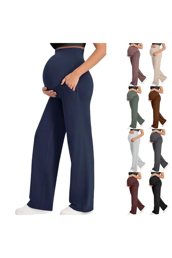 Women's Maternity Pants High Waist Straight Wide Leg Over The Belly Yoga Pants Stretchy Soft Pregnancy Pants Lounge Trousers with Pockets