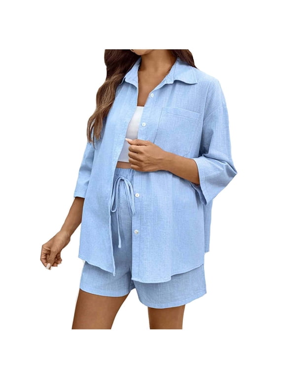Women's Maternity Sets 2 Piece Outfits 3/4 Sleeve Button Down Shirts and Over The Belly Shorts Pregnancy Loungewear Mama Clothes
