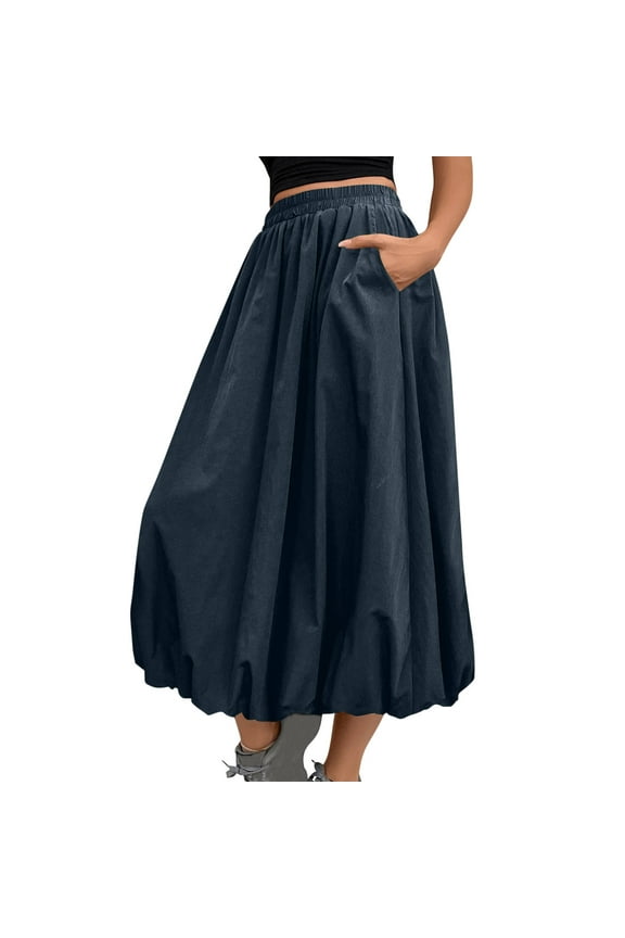 Women's Maxi Length Skirt Elastic High Waist Puffy Hem Y2k Skirt Casual A Line Long Skirts with Pockets