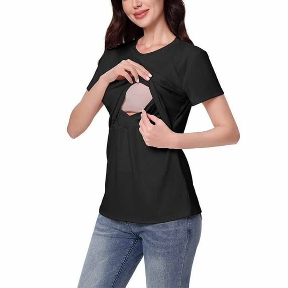 purcolt Women's Nursing Tops Short Sleeve Double Layer Pregnancy Breastfeeding Shirts Maternity Clothes S-XXL