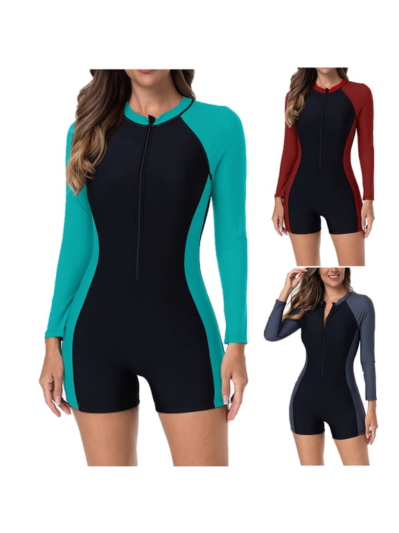 Women's One Piece Swimsuits UPF 50+ Rash Guard Long Sleeve Zipper Boyleg Swimwear Shorty Wetsuit Full Body Bathing Suit